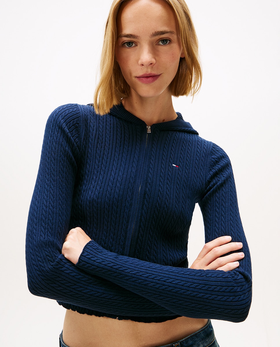 Cardigan de Malha com Capuz e Fecho de Correr Azul-marinho-4