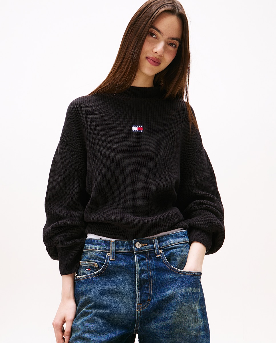 Camisola de Malha com Logótipo e Gola Mock Preto-1