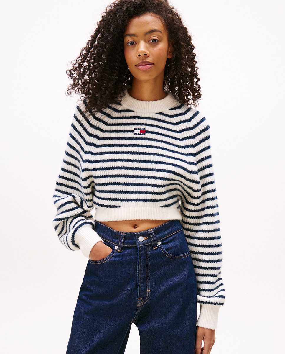 Camisola de Malha Cropped às Riscas Branco-1