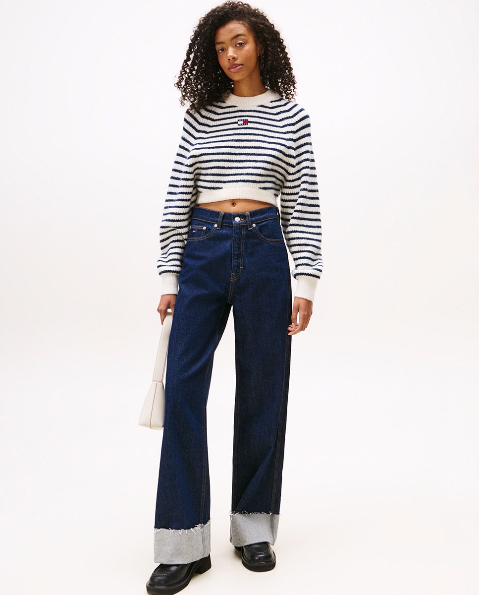 Camisola de Malha Cropped às Riscas Branco-3