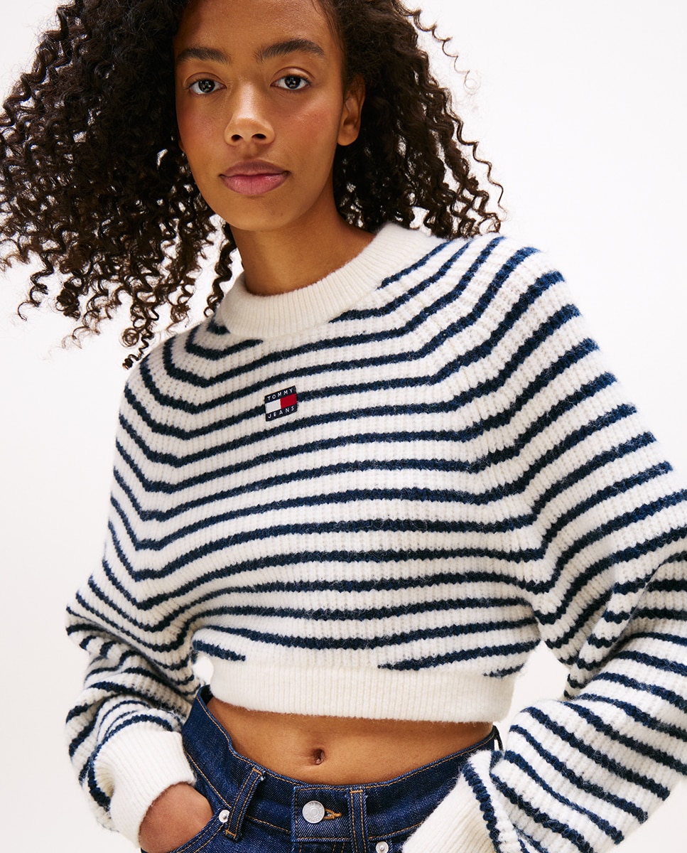 Camisola de Malha Cropped às Riscas Branco-4