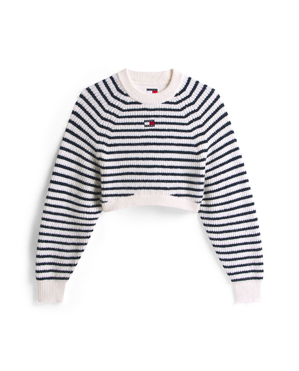 Camisola de Malha Cropped às Riscas Branco-5