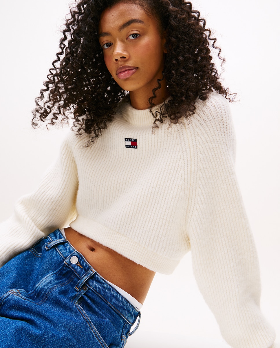 Camisola de Malha Crop Fit com Logótipo no Peito Branco-4