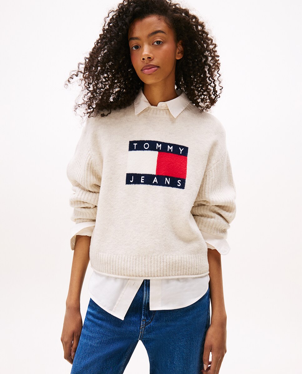 Camisola de Malha com Intársia e Mangas em Contraste Cru-1