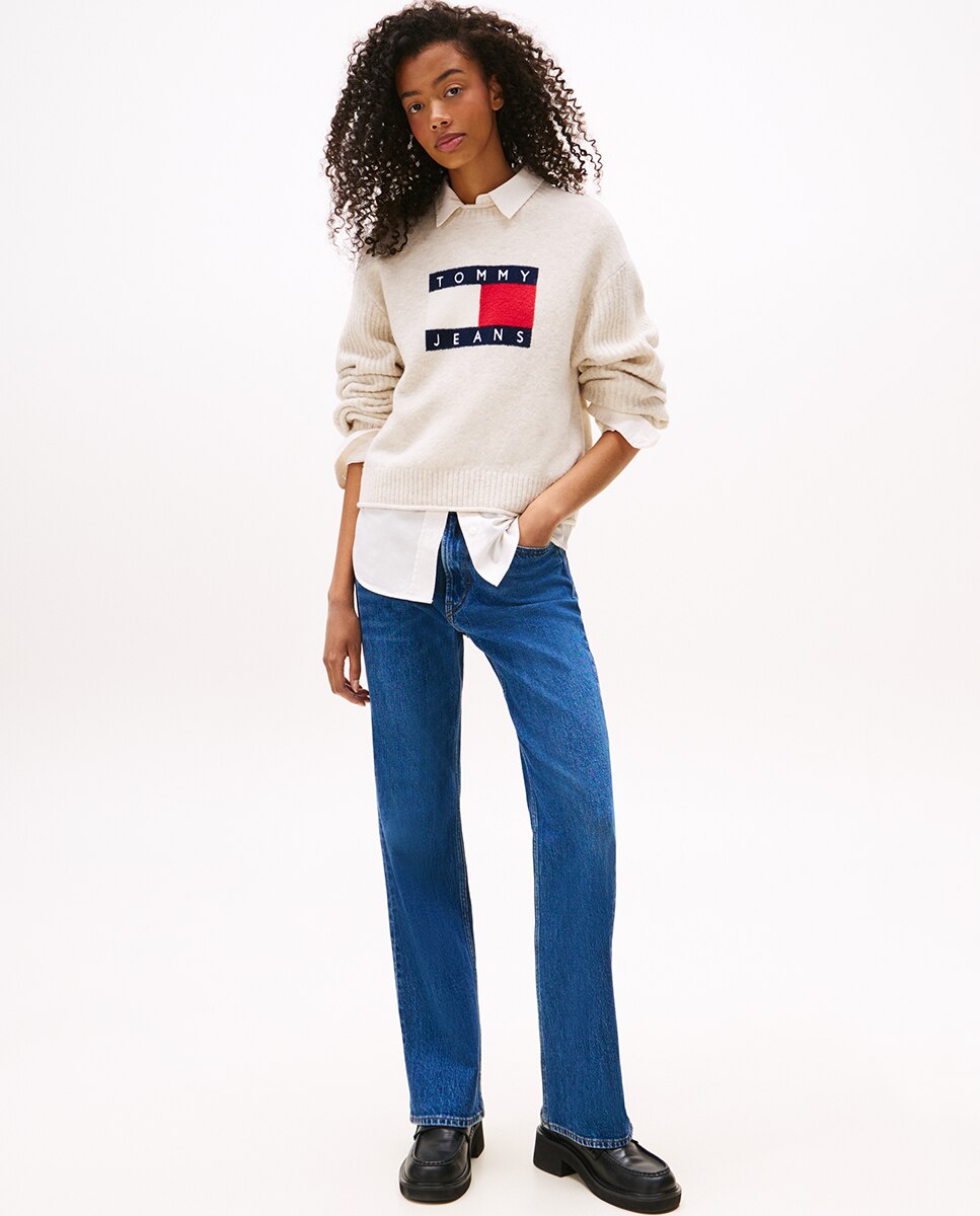 Camisola de Malha com Intársia e Mangas em Contraste Cru-3