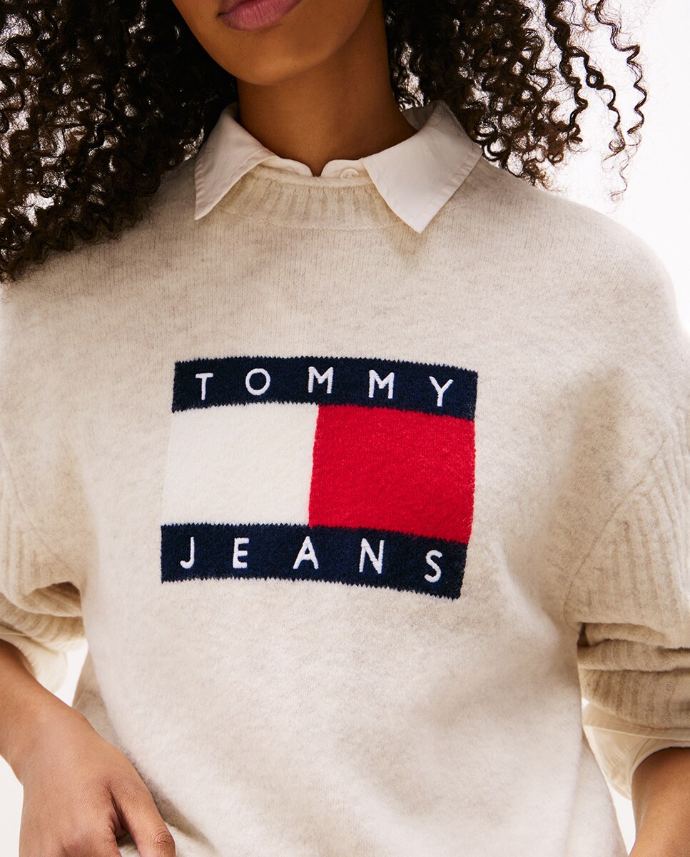 Camisola de Malha com Intársia e Mangas em Contraste Cru-4