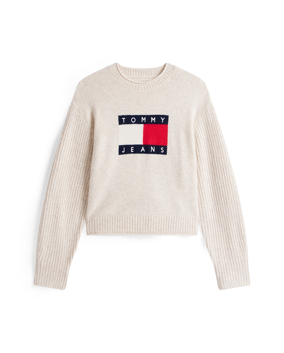 Camisola de Malha com Intársia e Mangas em Contraste Cru-5