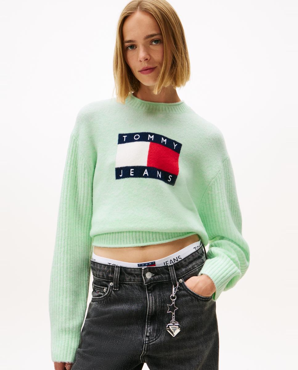 Camisola de Malha com Intársia e Mangas em Contraste Verde-claro-1