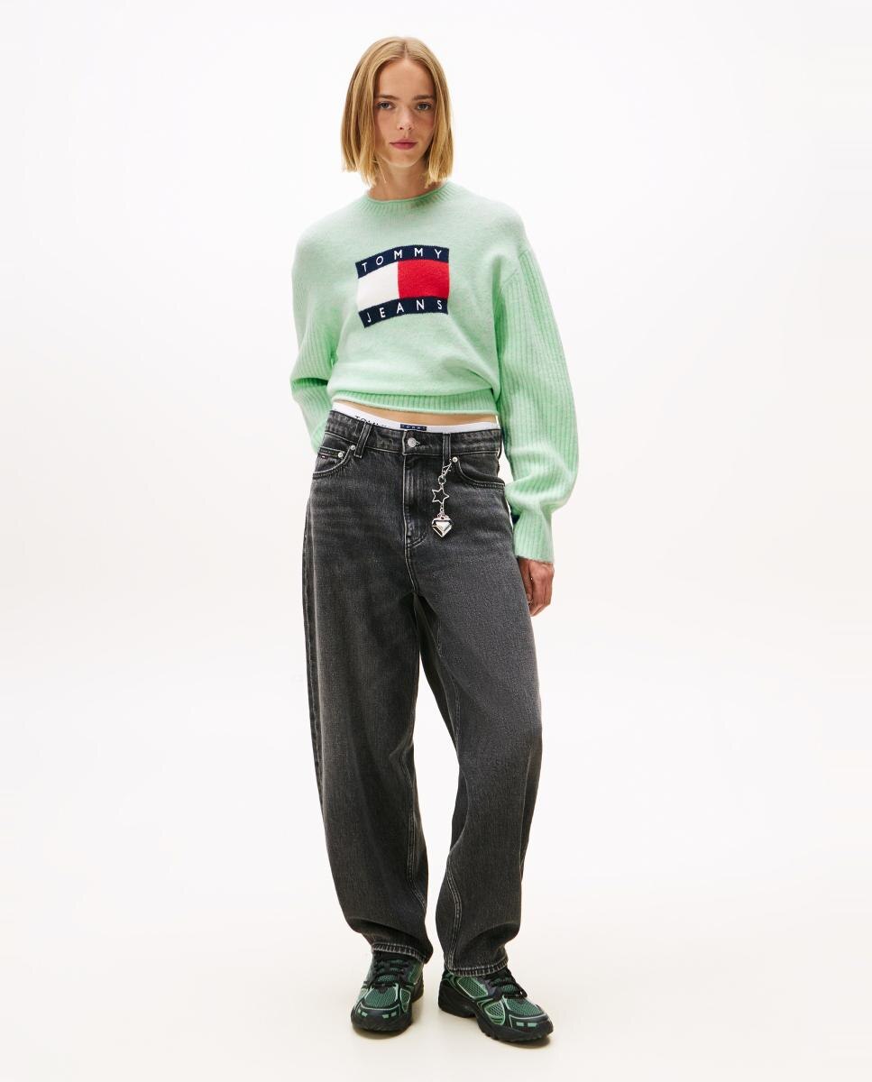 Camisola de Malha com Intársia e Mangas em Contraste Verde-claro-3