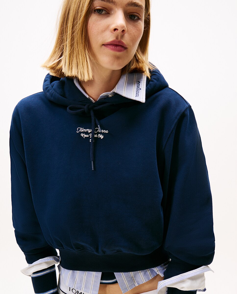 Sweatshirt de mulher com capuz e logótipo no peito Azul-marinho-4
