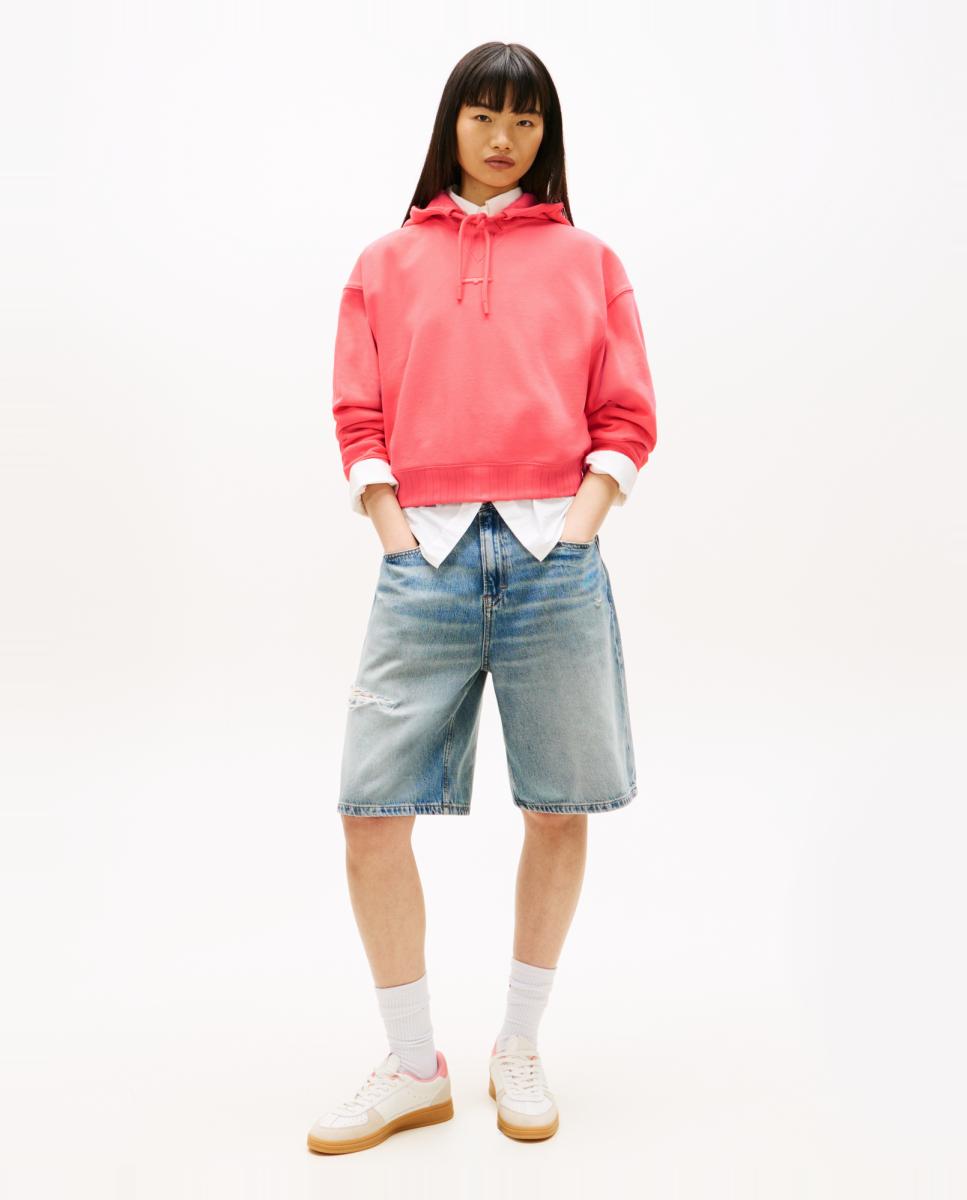 Sweatshirt com Capuz Boxy Fit de Gola Aberta Rosa-5