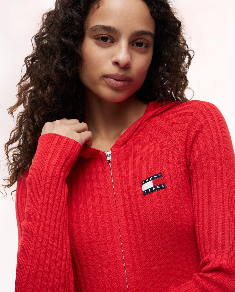 Cardigan com Capuz e Fecho de Correr Vermelho-2