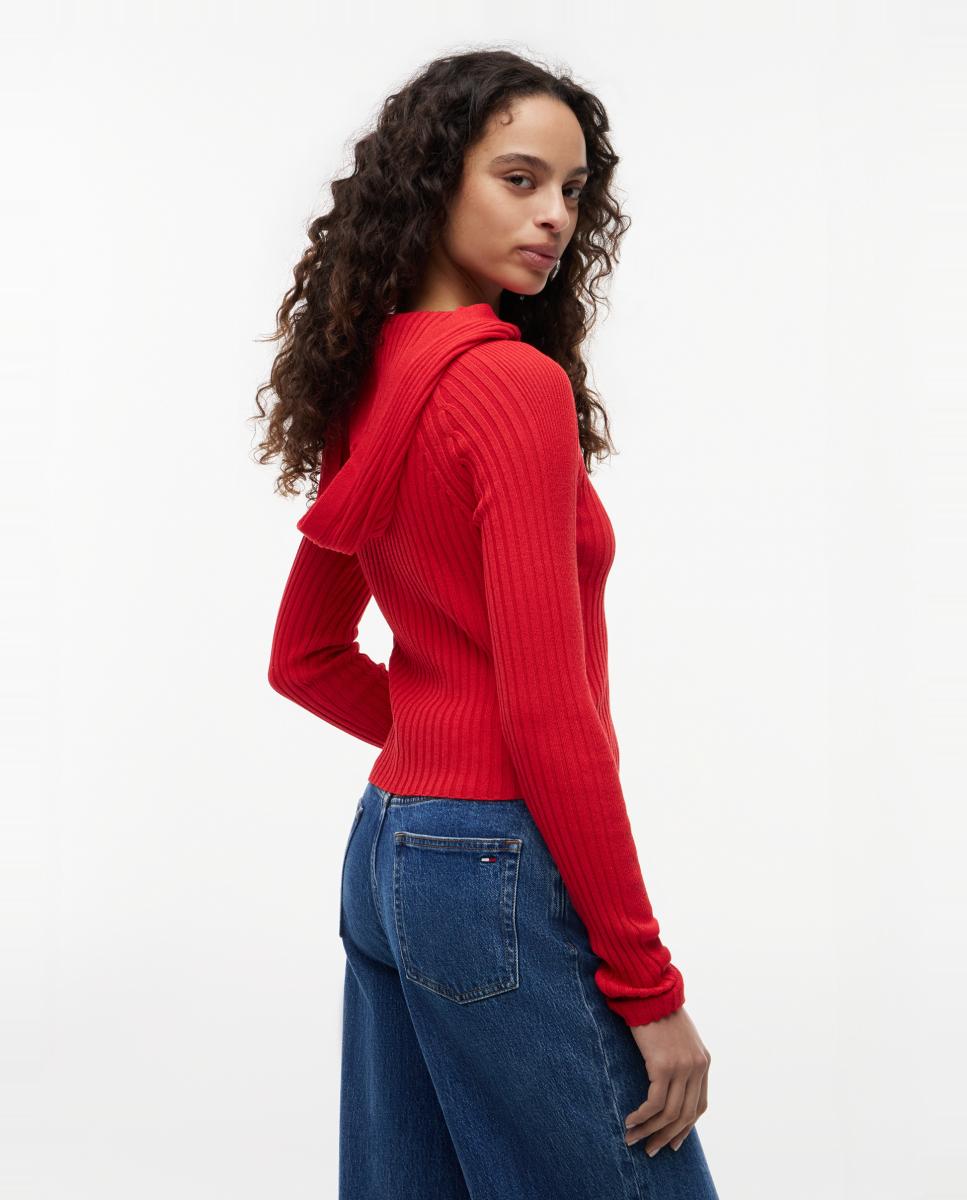 Cardigan com Capuz e Fecho de Correr Vermelho-3