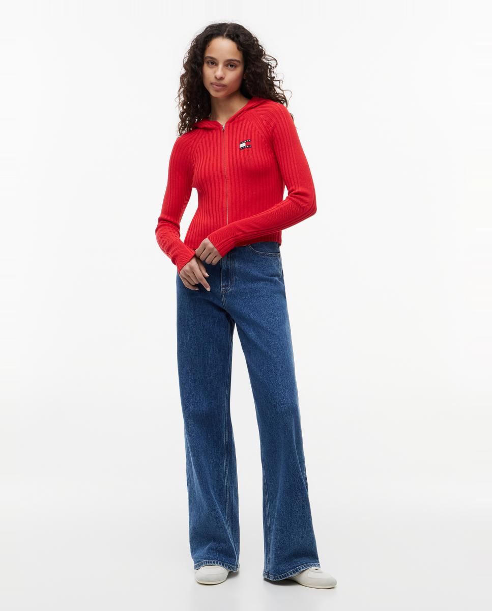 Cardigan com Capuz e Fecho de Correr Vermelho-5