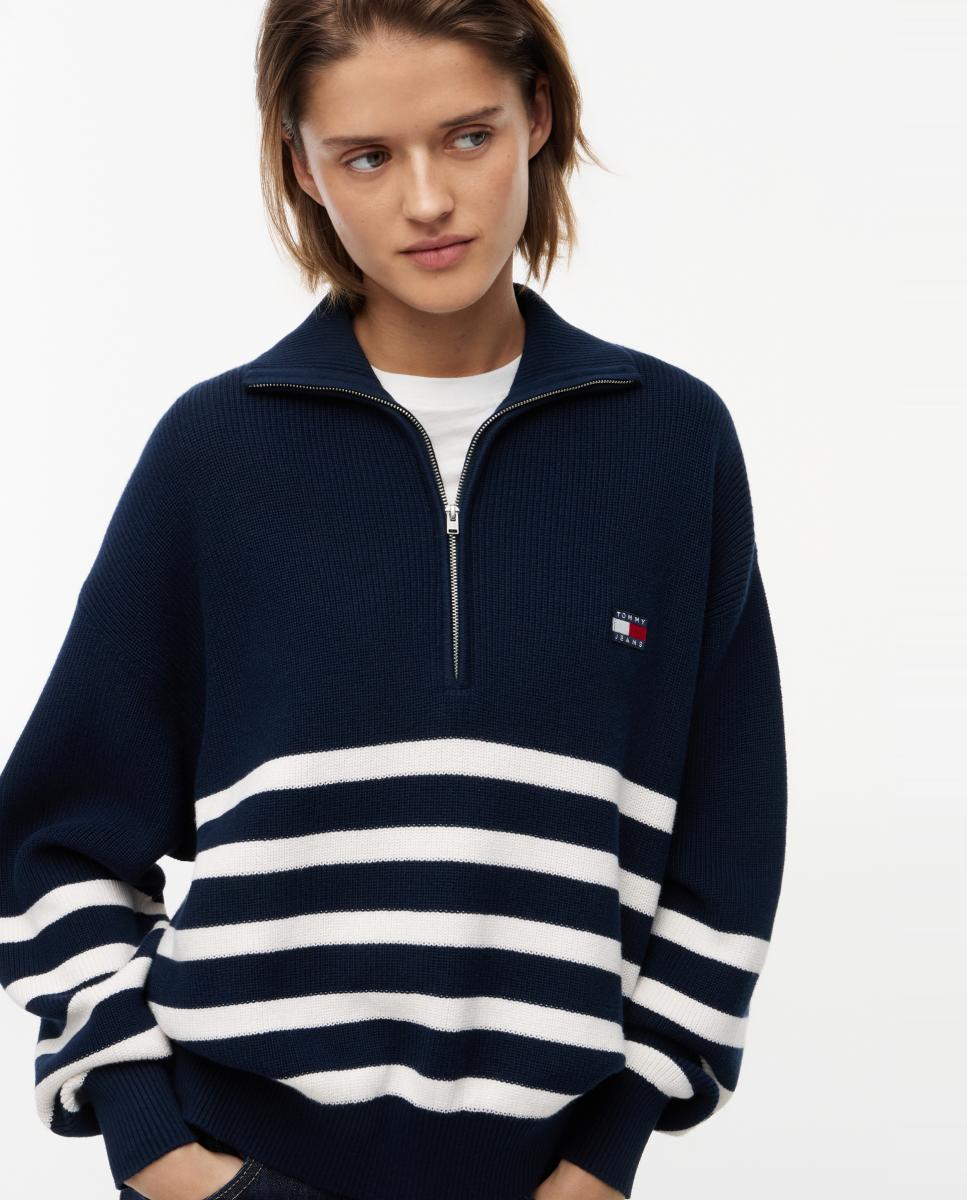 Camisola de Malha de Meio Fecho de Correr com Desenho às Riscas Azul-marinho-2