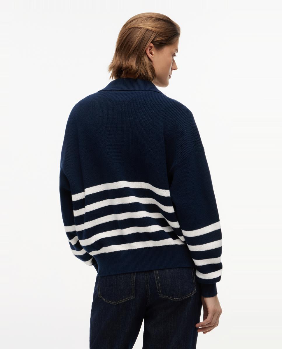 Camisola de Malha de Meio Fecho de Correr com Desenho às Riscas Azul-marinho-3
