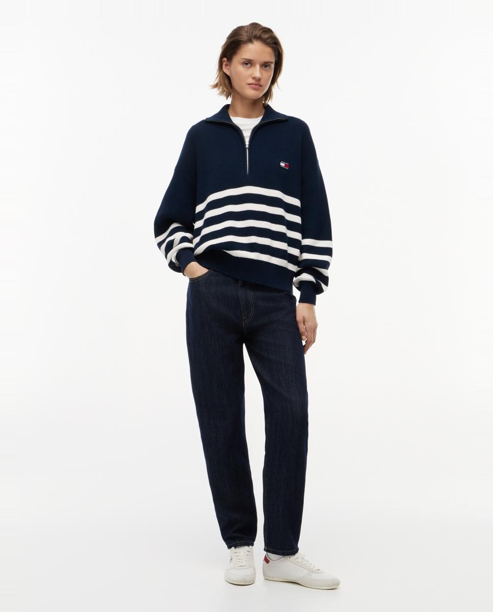 Camisola de Malha de Meio Fecho de Correr com Desenho às Riscas Azul-marinho-5