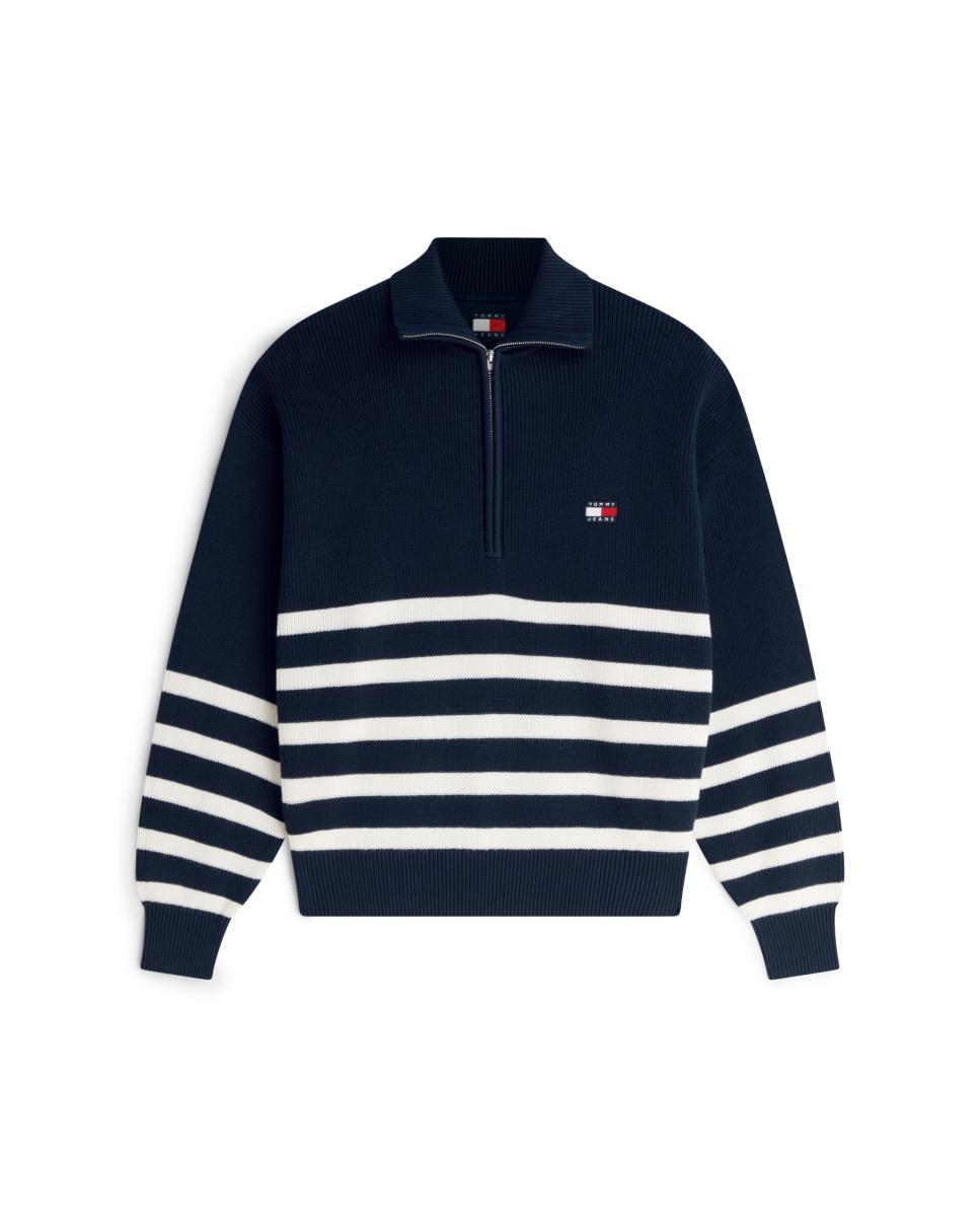 Camisola de Malha de Meio Fecho de Correr com Desenho às Riscas Azul-marinho-4