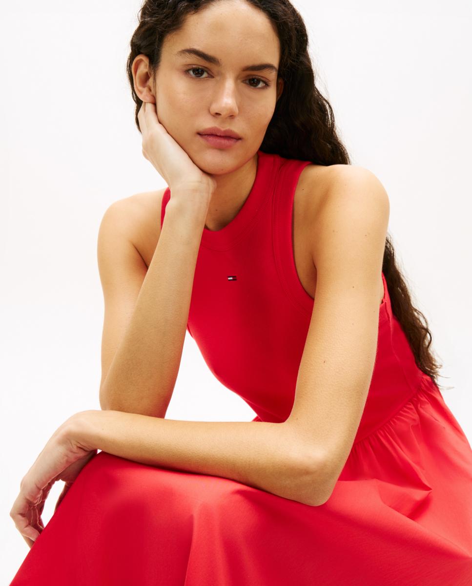 Vestido Comprido Slim Fit com Saia de Popelina Vermelho-2
