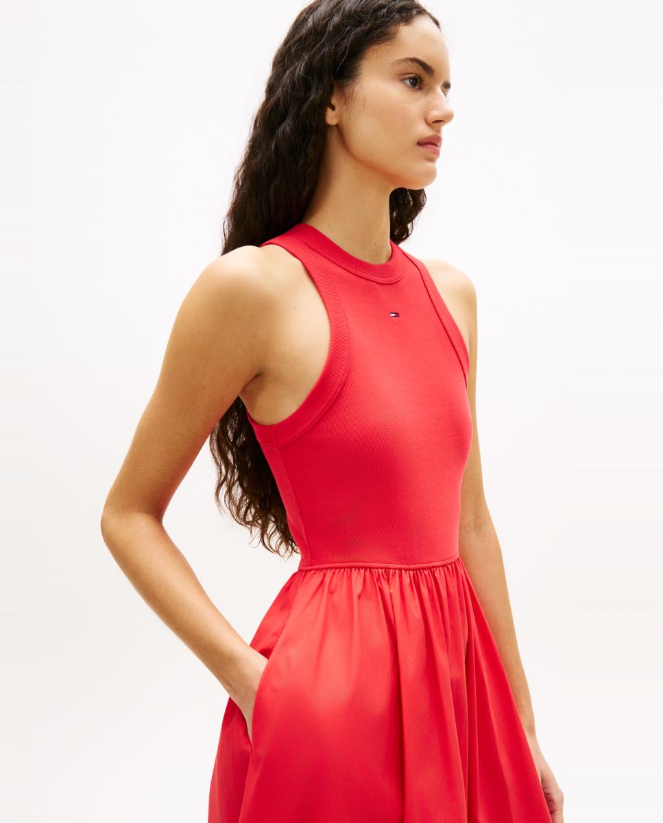 Vestido Comprido Slim Fit com Saia de Popelina Vermelho-3