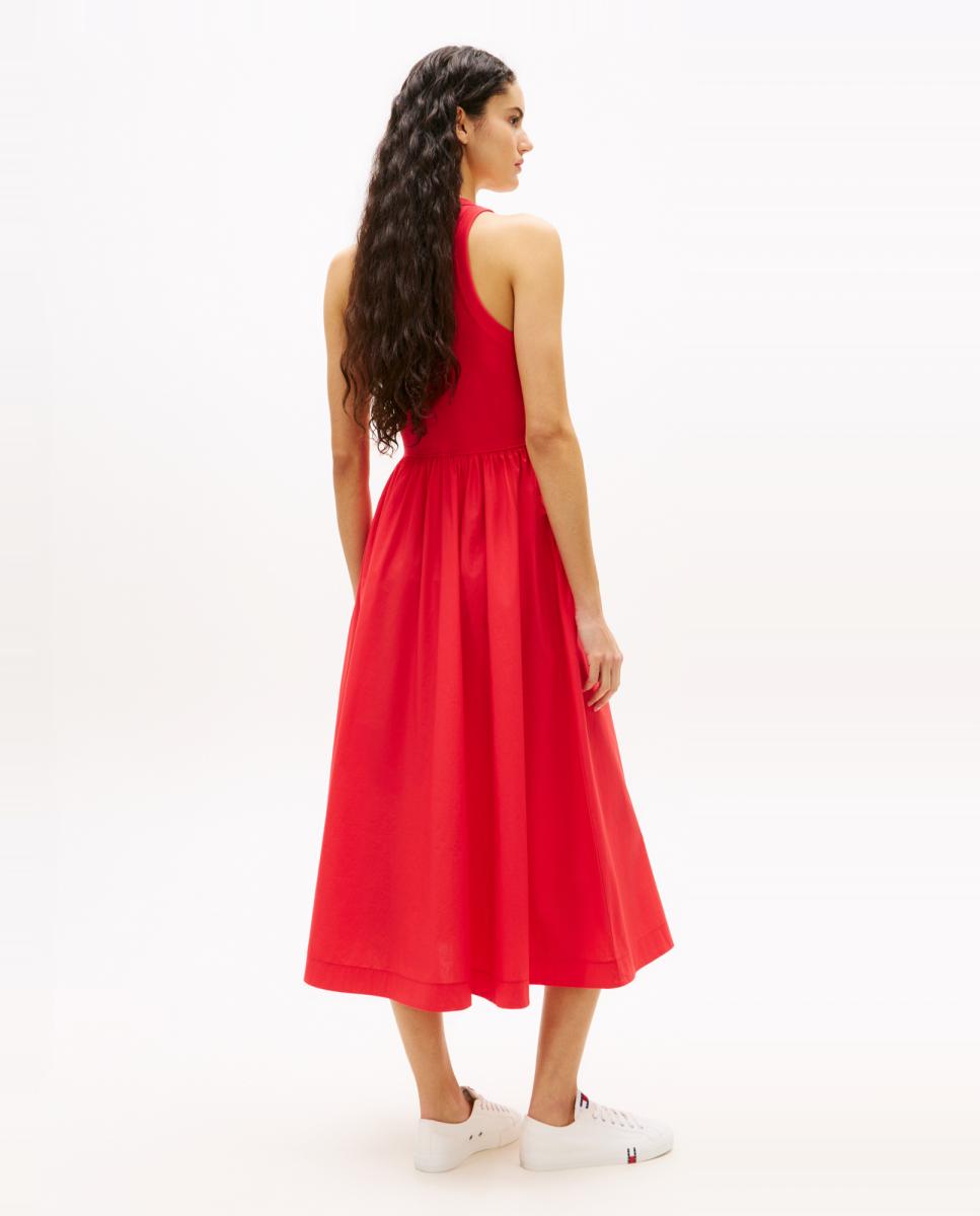 Vestido Comprido Slim Fit com Saia de Popelina Vermelho-4