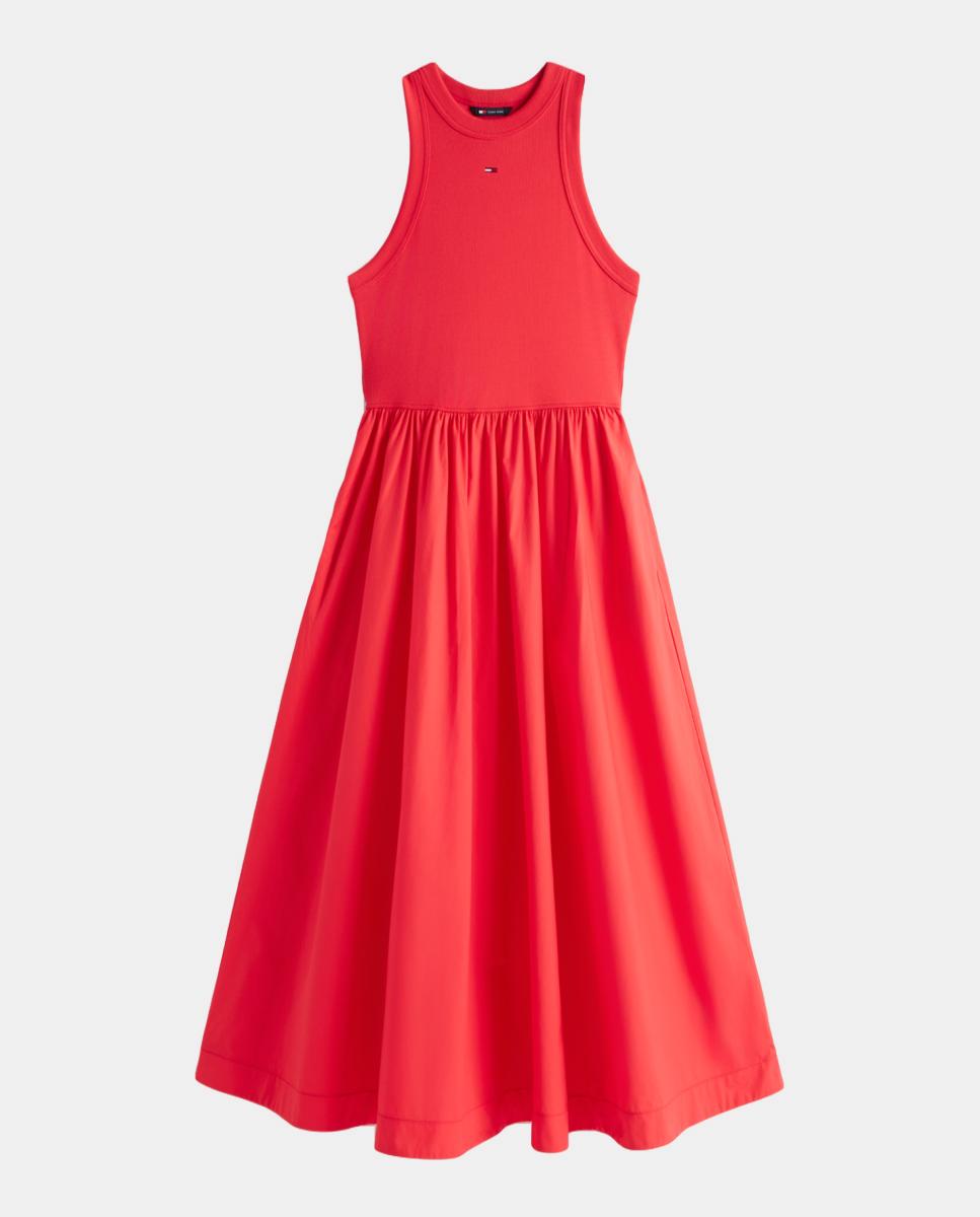 Vestido Comprido Slim Fit com Saia de Popelina Vermelho-5