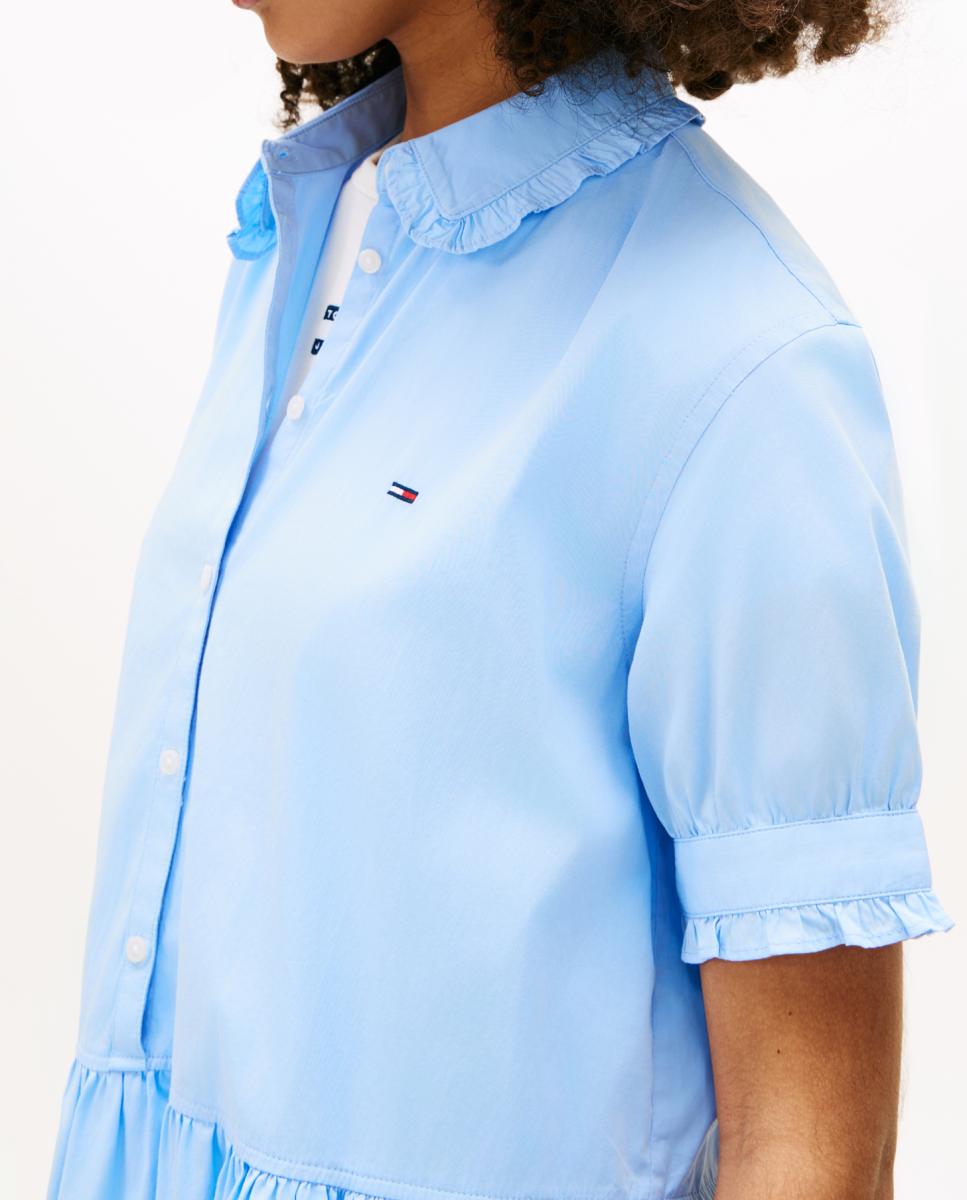 Vestido Camiseiro com Detalhes de Folhos Azul-claro-2