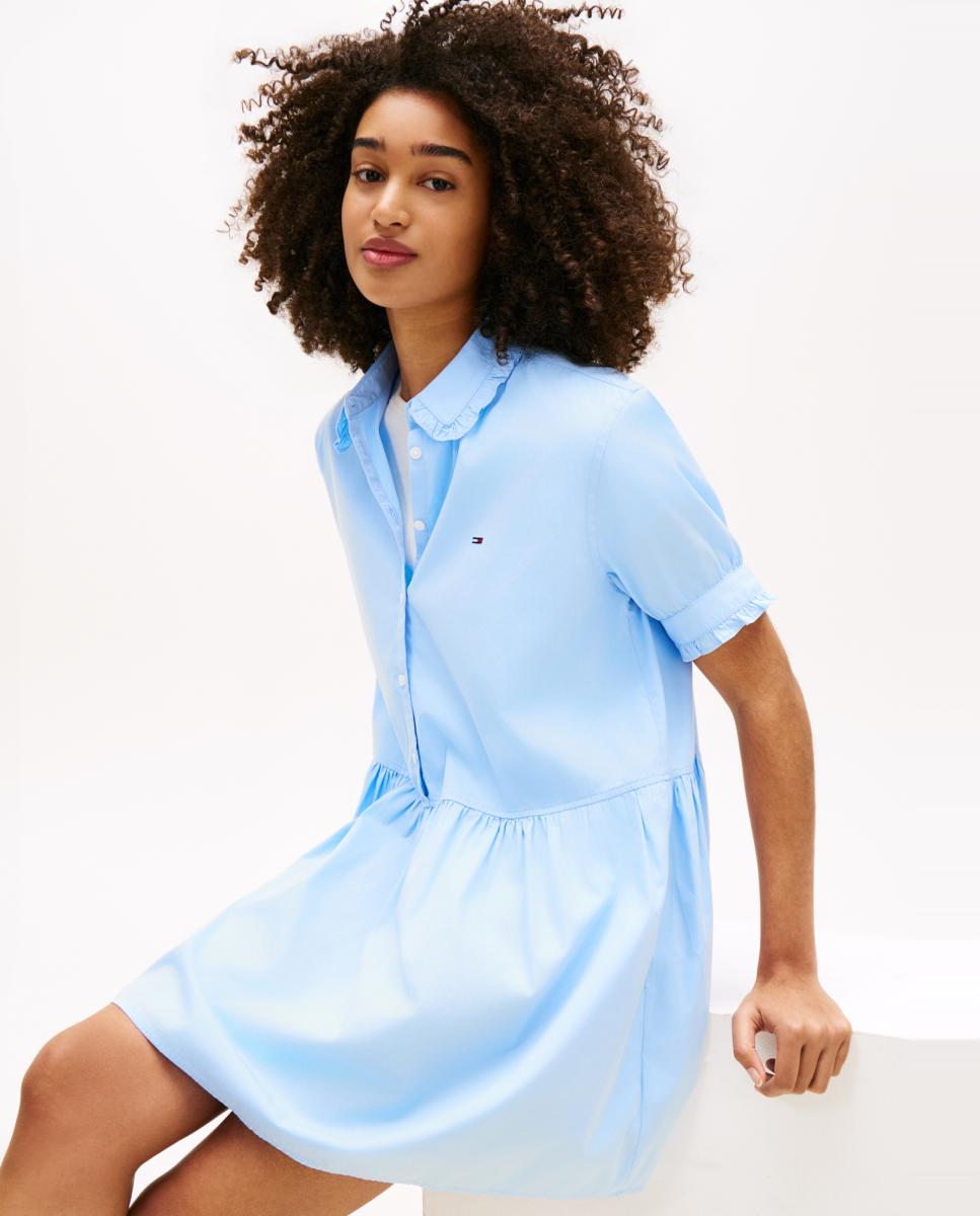 Vestido Camiseiro com Detalhes de Folhos Azul-claro-3