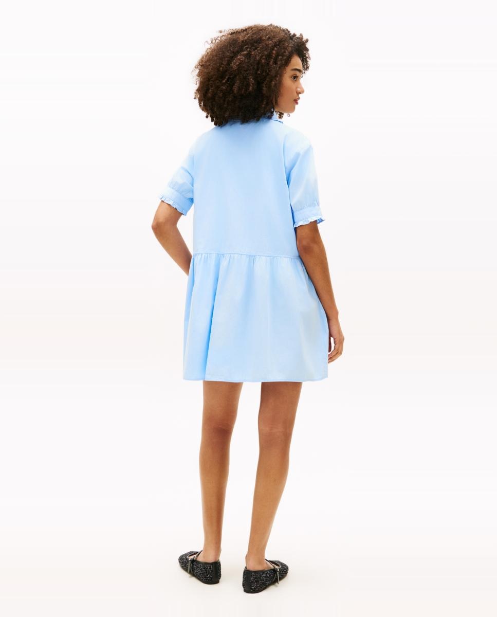 Vestido Camiseiro com Detalhes de Folhos Azul-claro-4