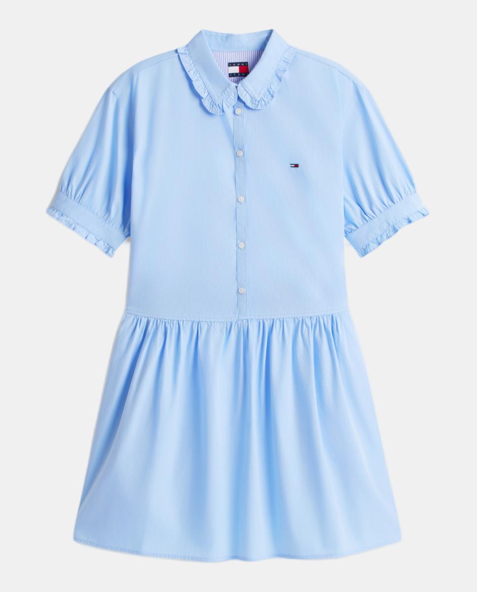 Vestido Camiseiro com Detalhes de Folhos Azul-claro-5
