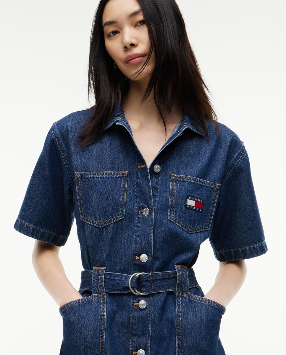 Vestido de Ganga com Cinto e Logótipo Bordado Azul-índigo-2