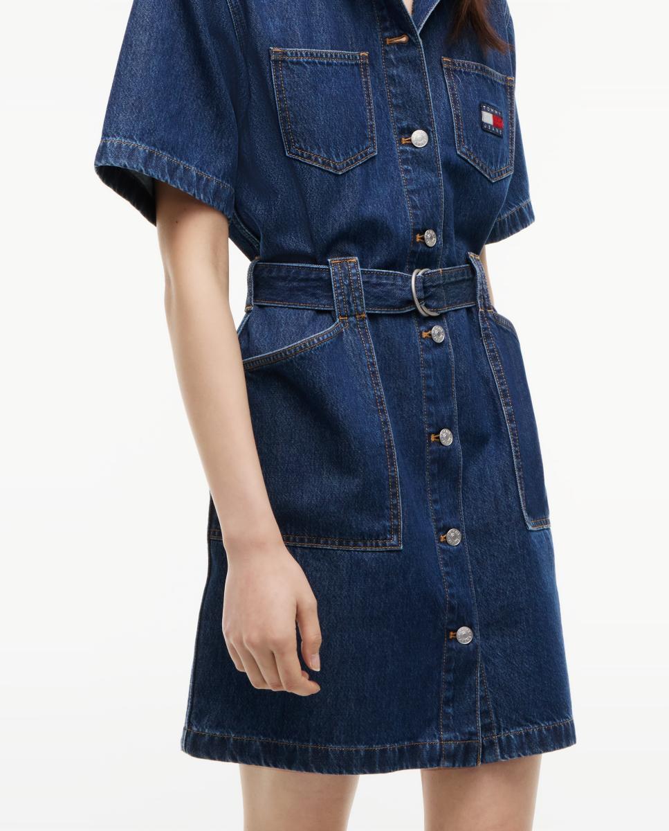 Vestido de Ganga com Cinto e Logótipo Bordado Azul-índigo-3