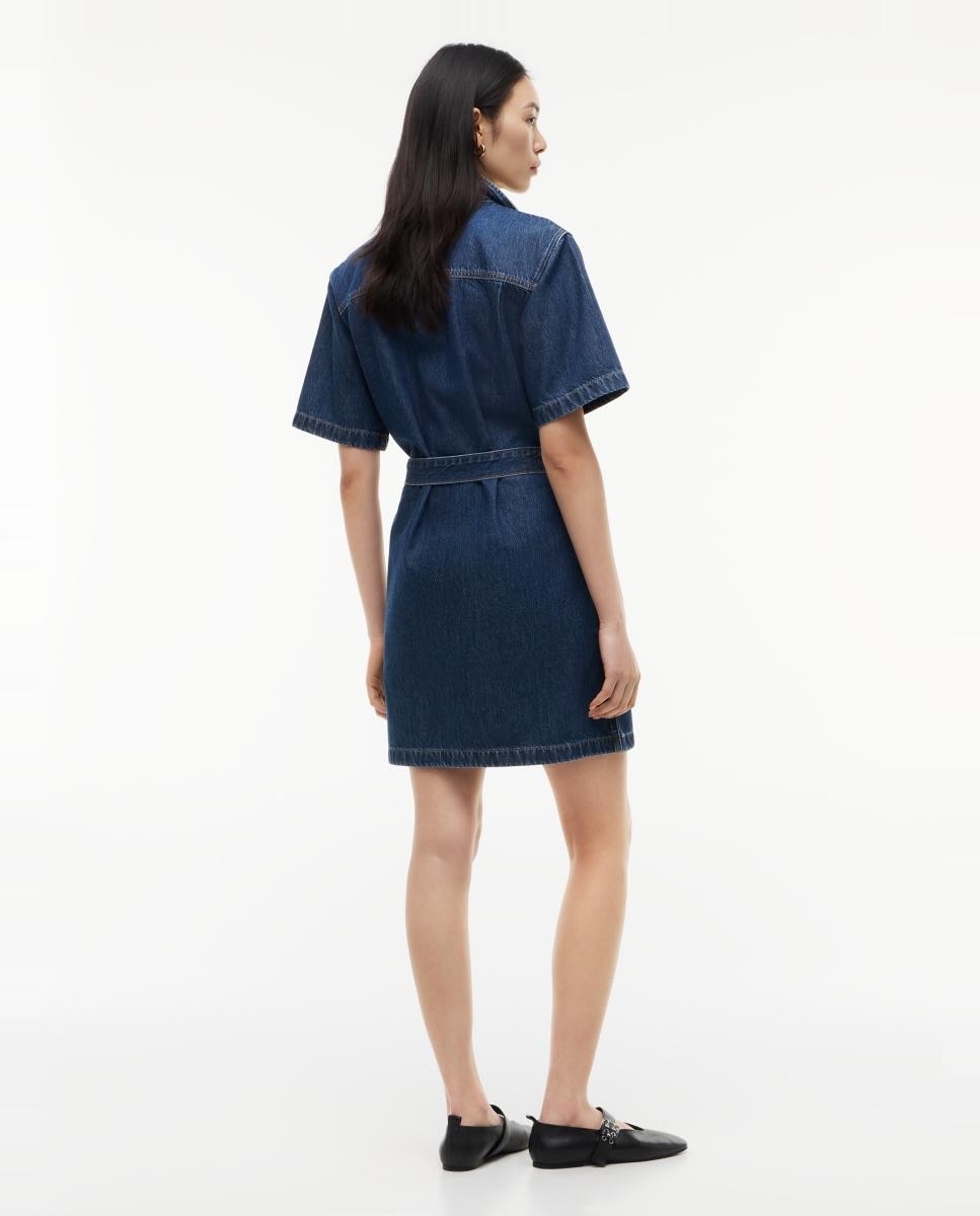 Vestido de Ganga com Cinto e Logótipo Bordado Azul-índigo-4