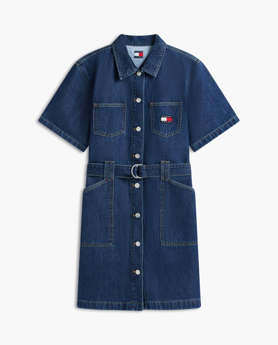Vestido de Ganga com Cinto e Logótipo Bordado Azul-índigo-5
