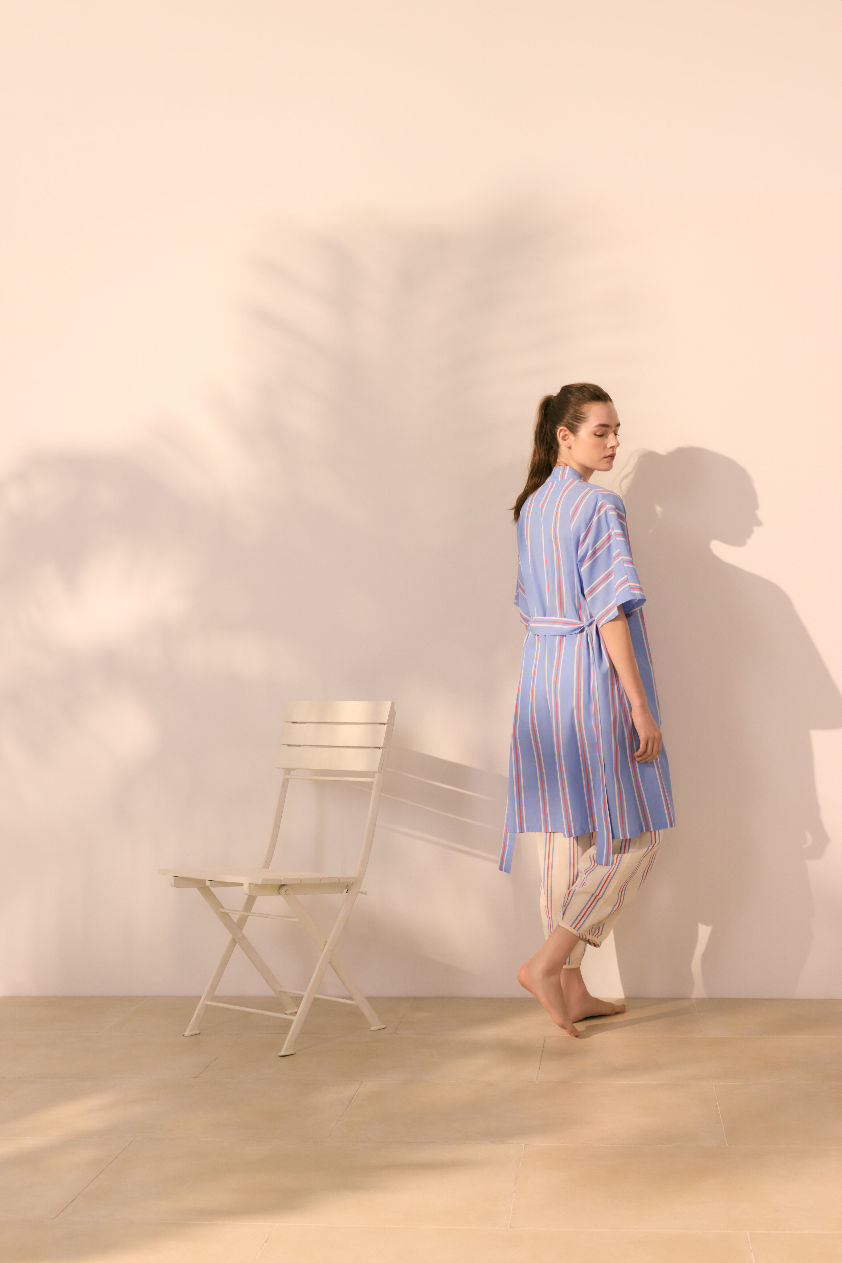 Robe com Cinto e Riscas Tecidas Azul-3