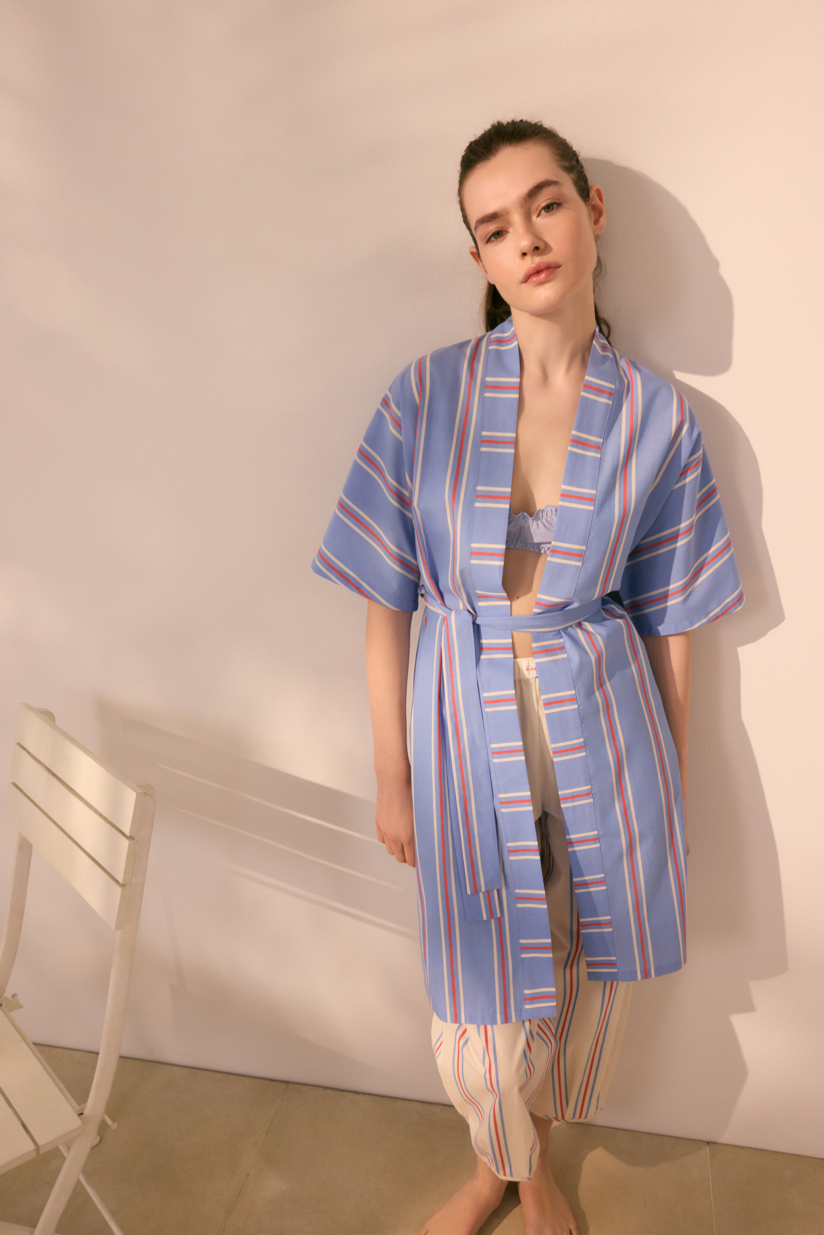Robe com Cinto e Riscas Tecidas Azul-4