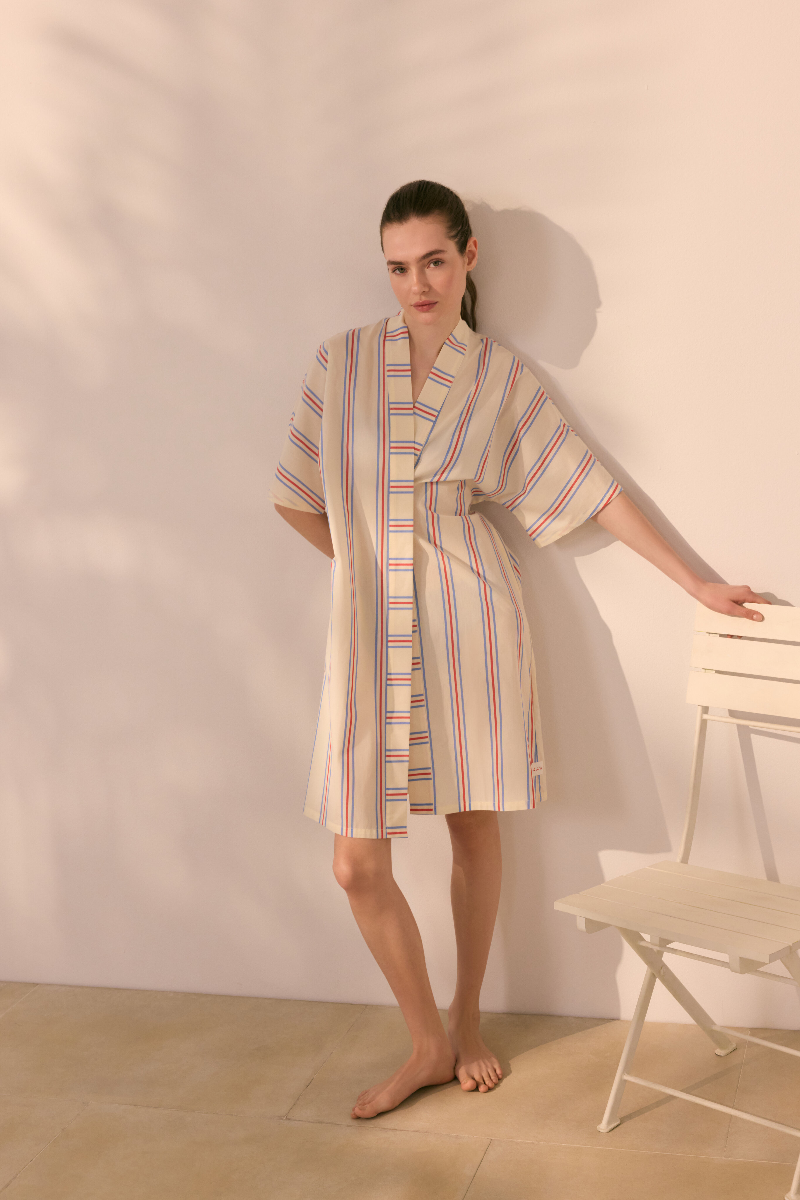 Robe com Cinto e Riscas Tecidas Branco-2