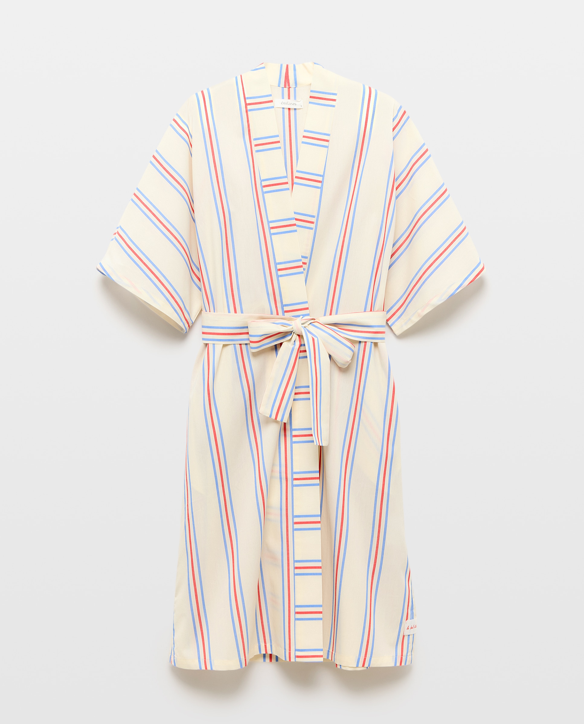 Robe com Cinto e Riscas Tecidas Branco-4