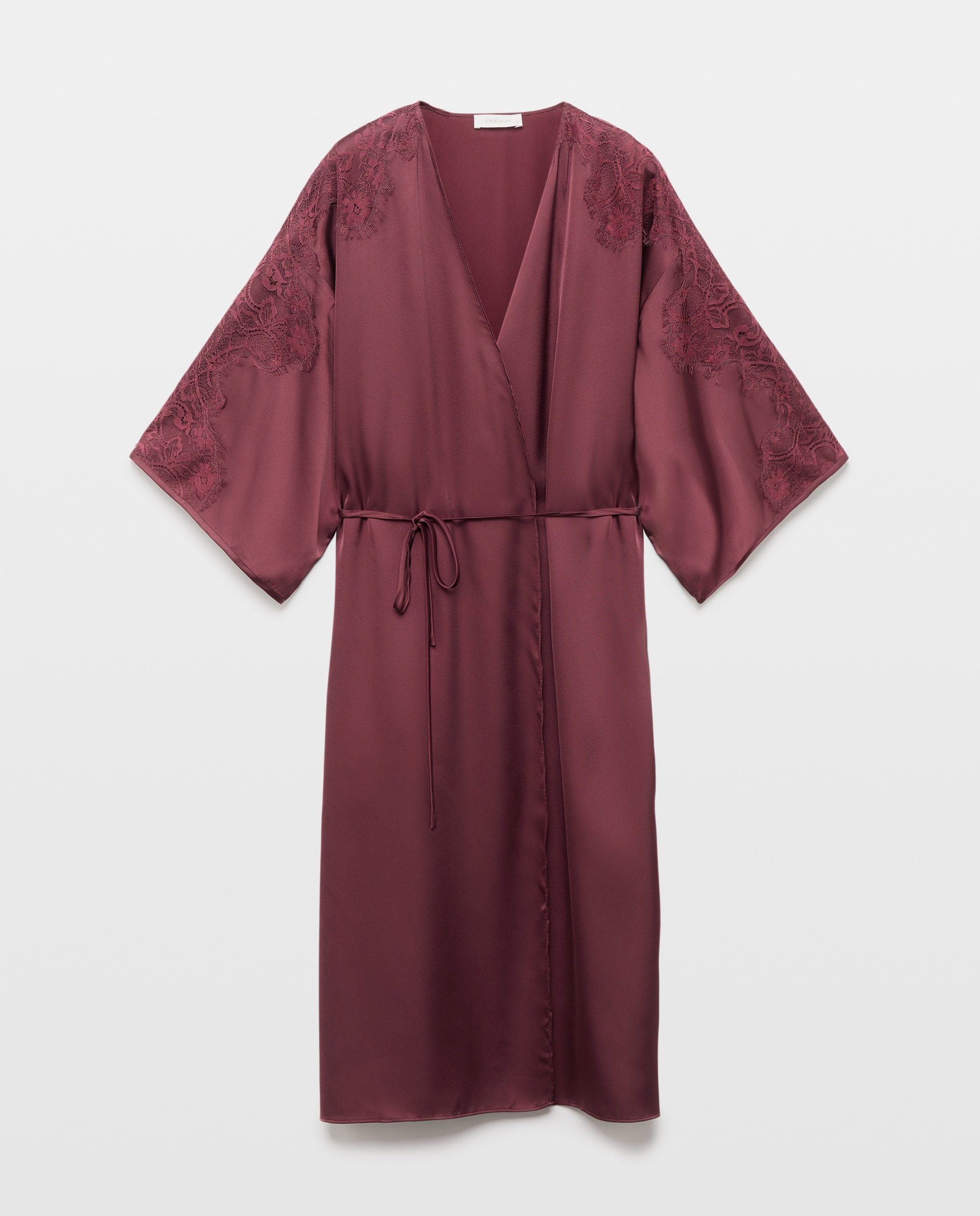 Robe Cruzado em Cetim com Inserções de Renda Bordeaux-3