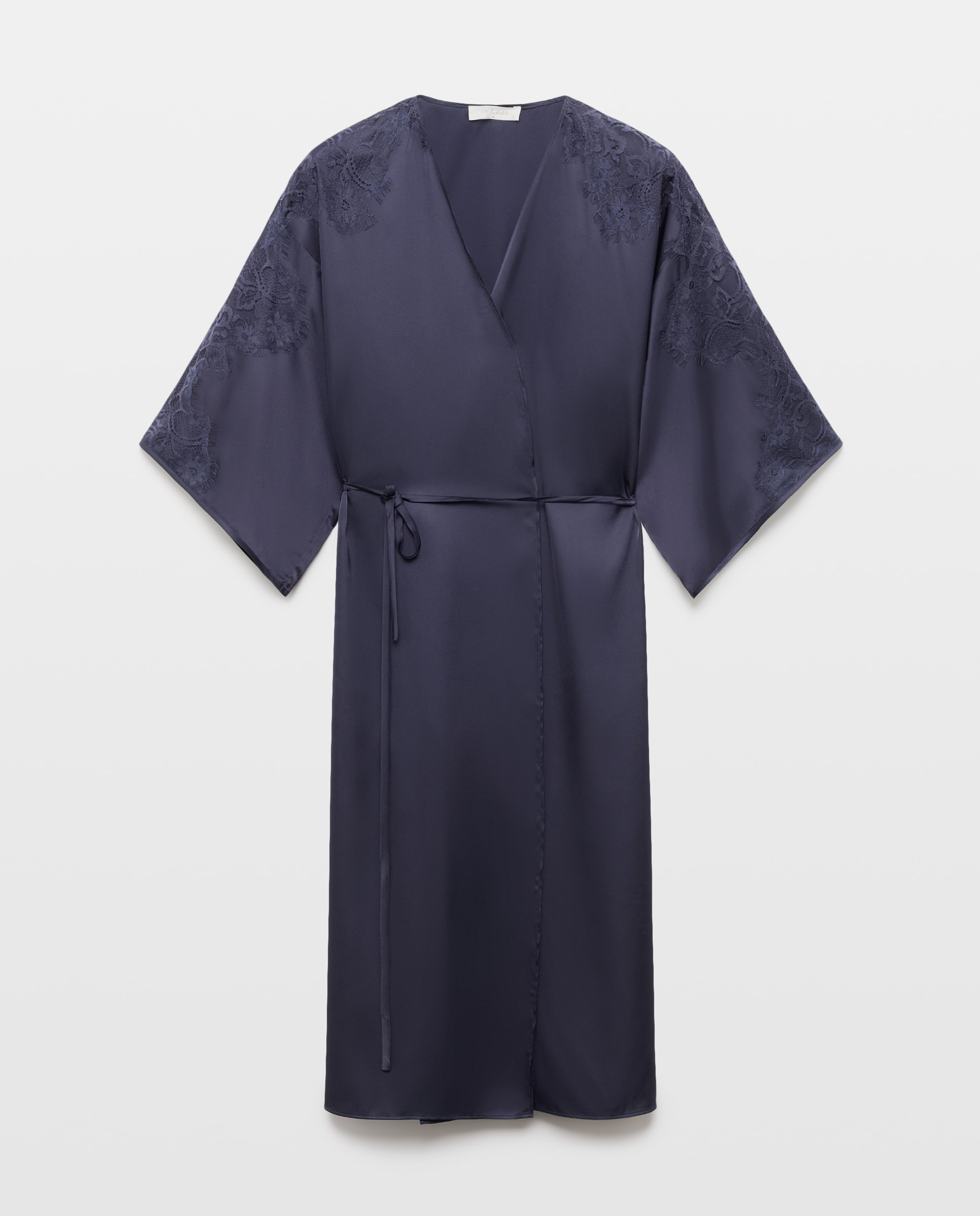Robe Cruzado em Cetim com Inserções de Renda 430 Azul Escuro-3