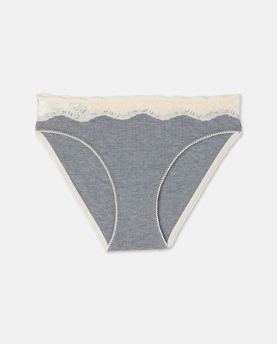 Cueca de Cintura Subida com Debruado de Renda Cinzento-4
