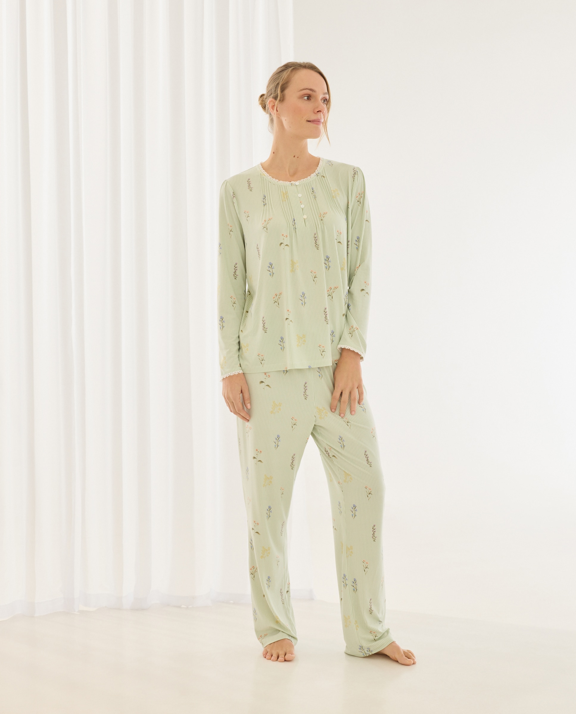 Pijama camisero de mujer a rayas - Énfasis - Verde Verde-1