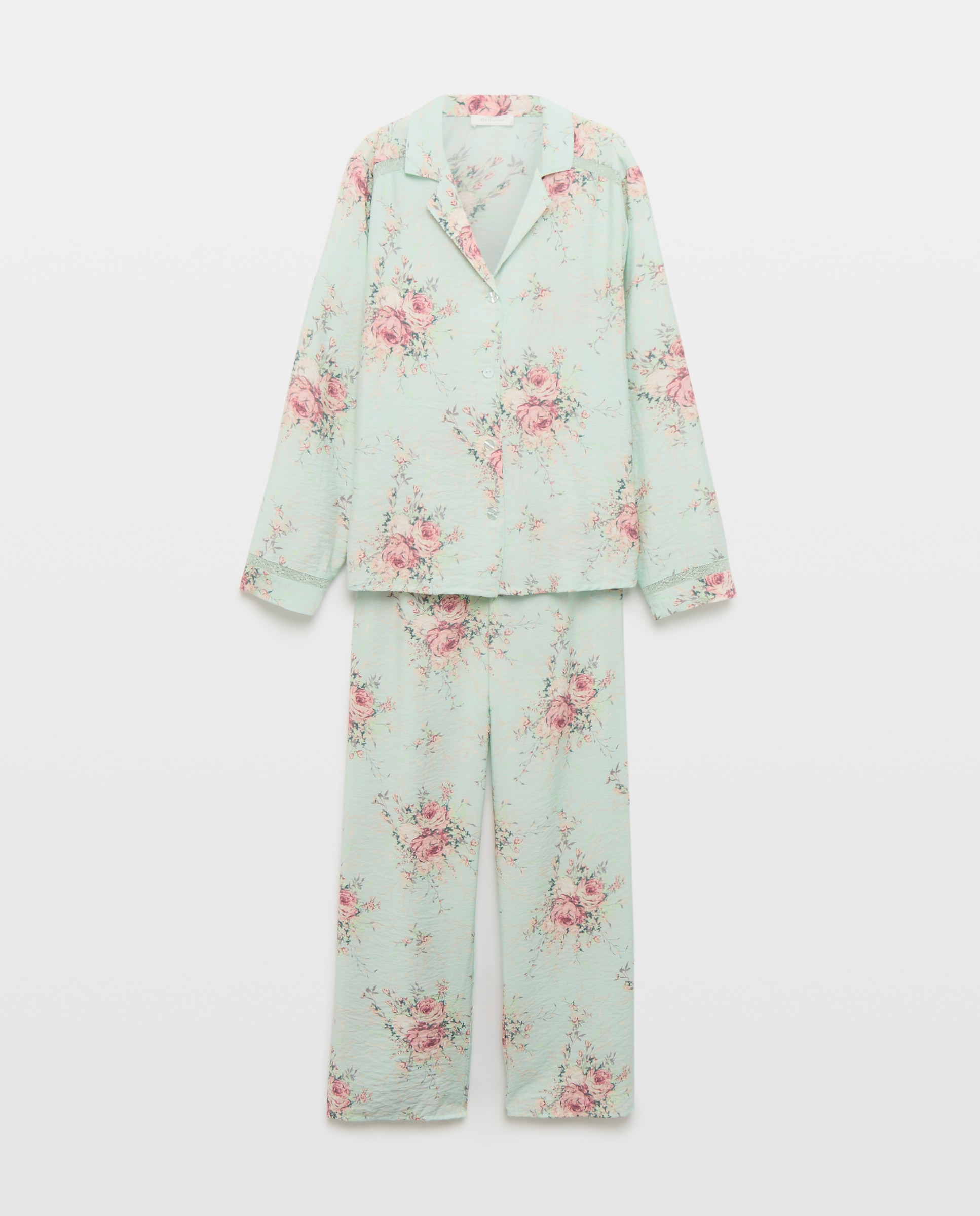 Pijama de Estampado Floral com Laço Verde-3