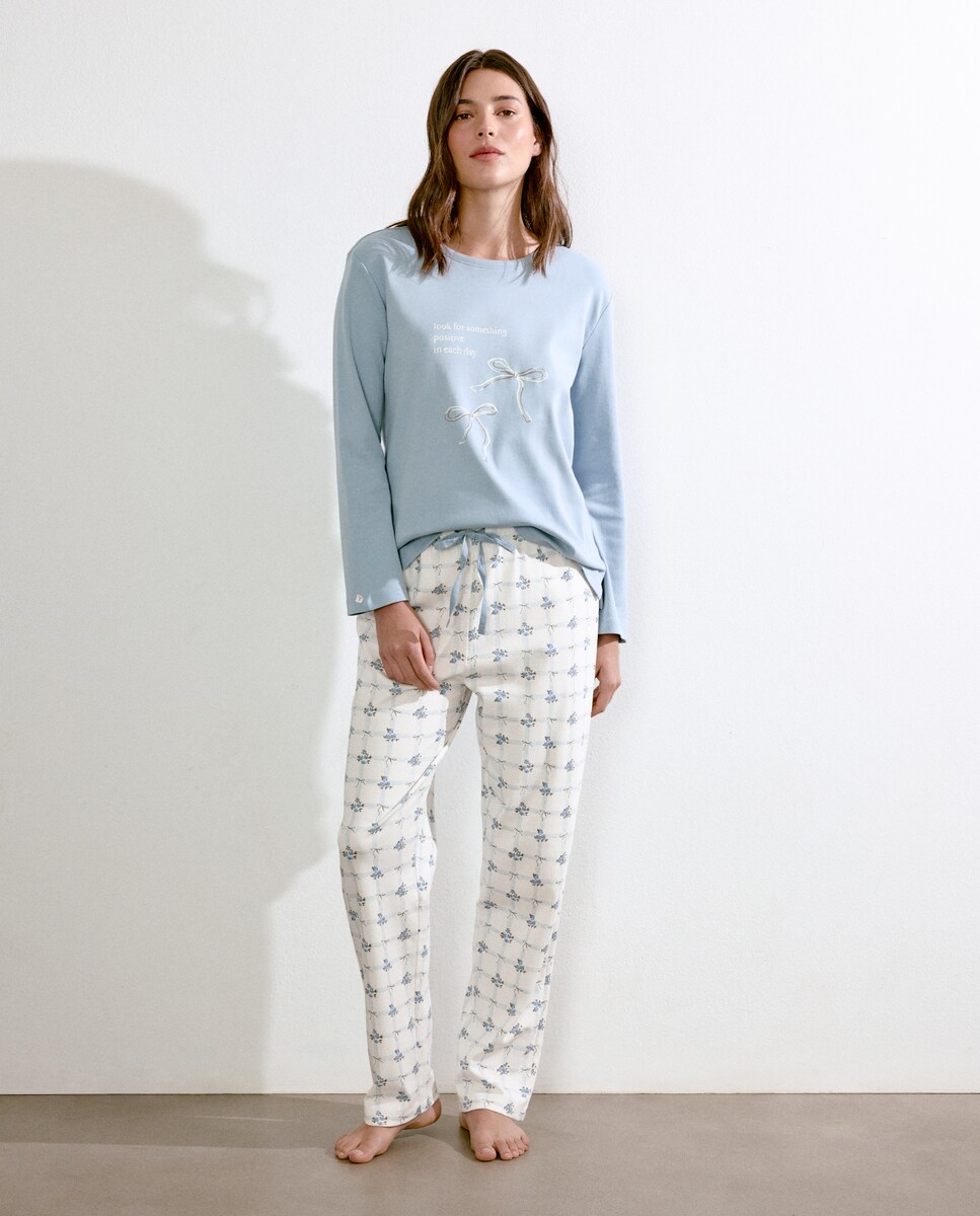 Pijama Comprido com T-shirt com Estampado Posicional Azul-claro-1