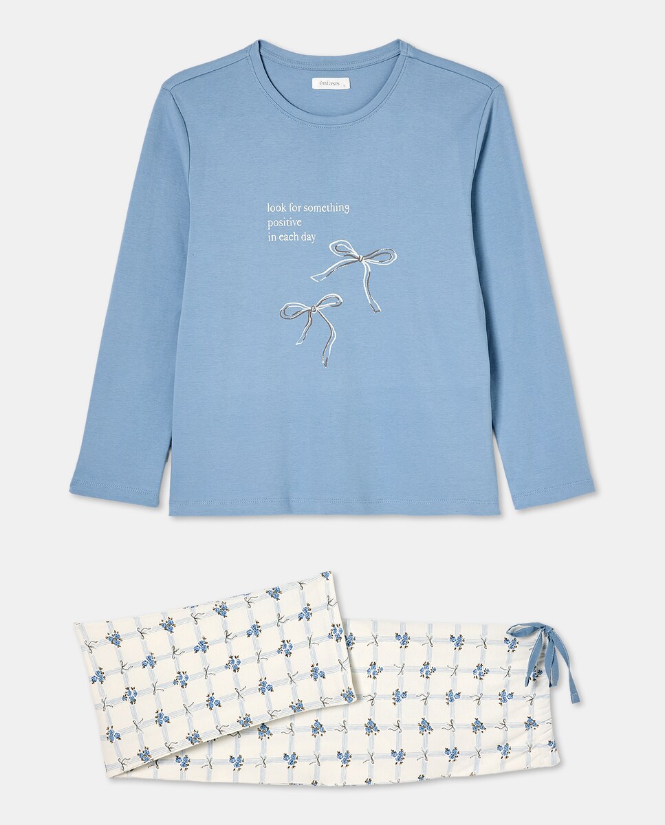 Pijama Comprido com T-shirt com Estampado Posicional Azul-claro-3