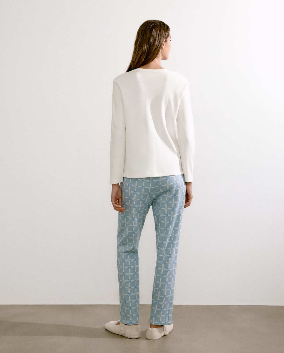 Pijama Comprido com T-shirt com Estampado Posicional Branco-marfim-2