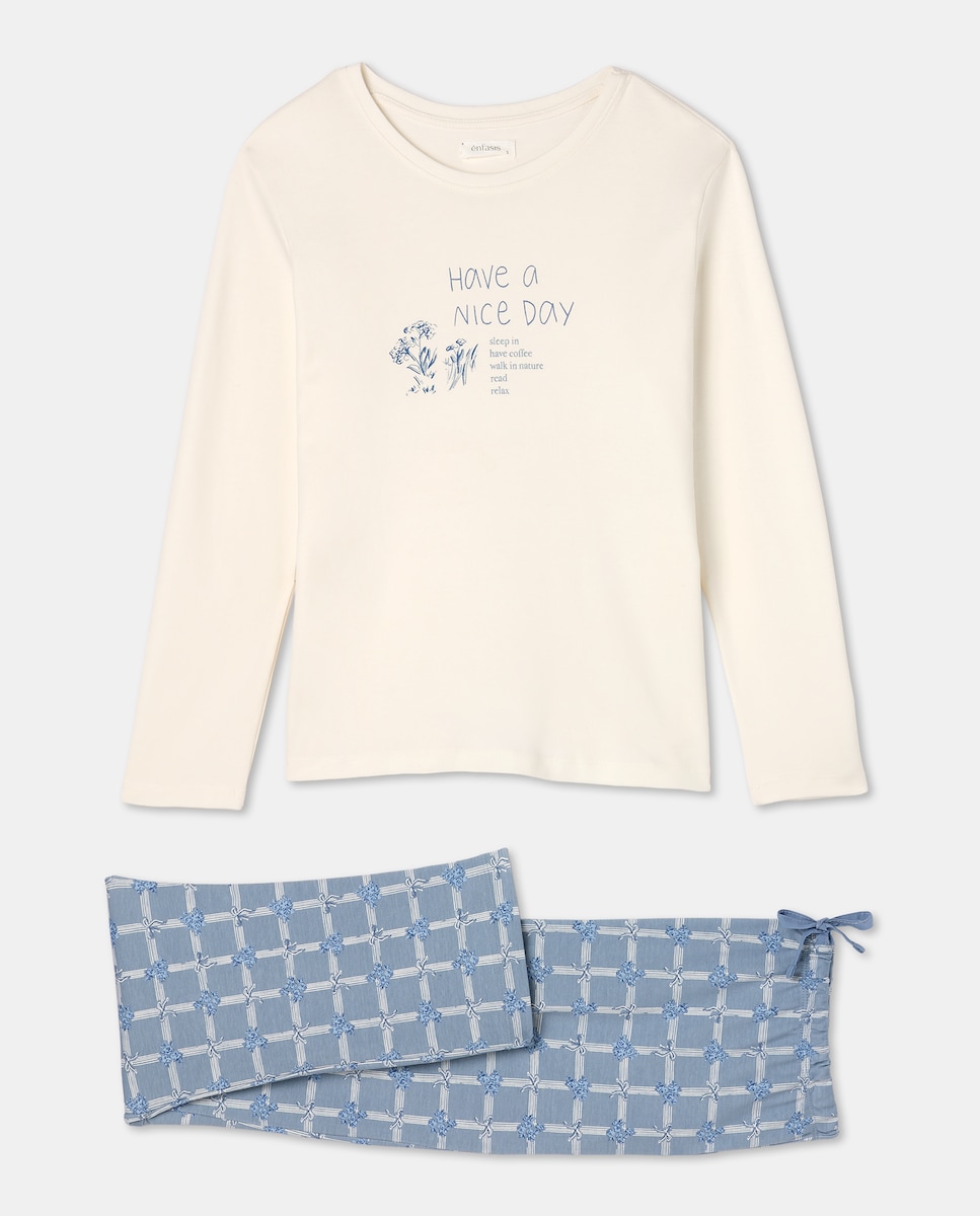 Pijama Comprido com T-shirt com Estampado Posicional Branco-marfim-3