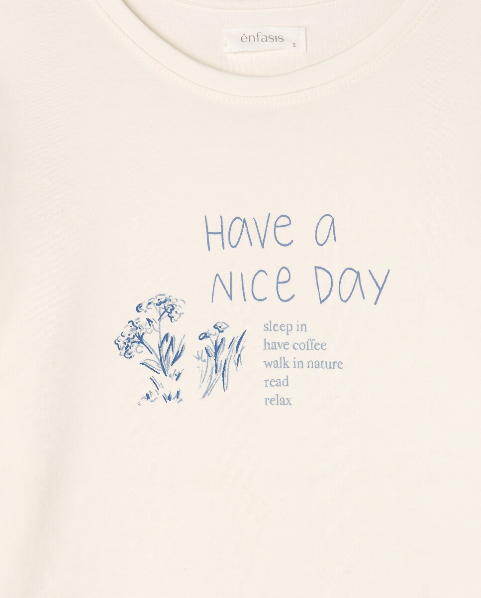 Pijama Comprido com T-shirt com Estampado Posicional Branco-marfim-4