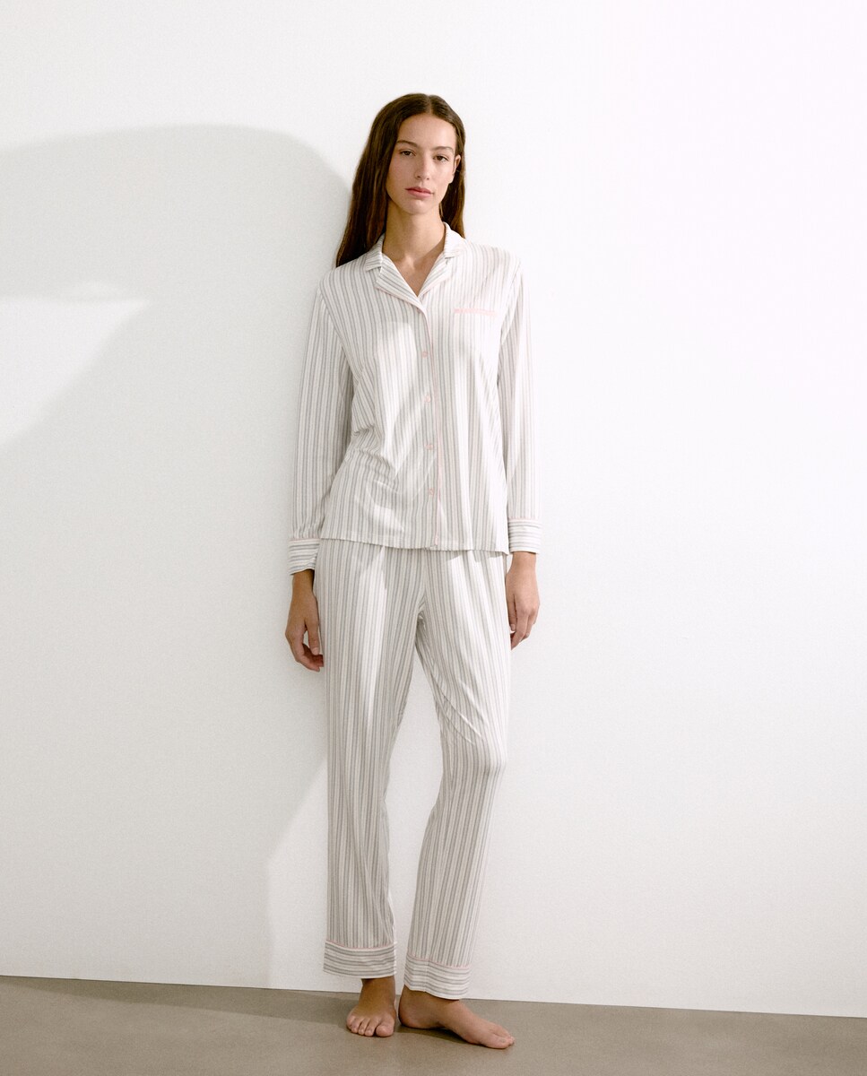 Pijama Camiseiro às Riscas Cinzento-claro-2