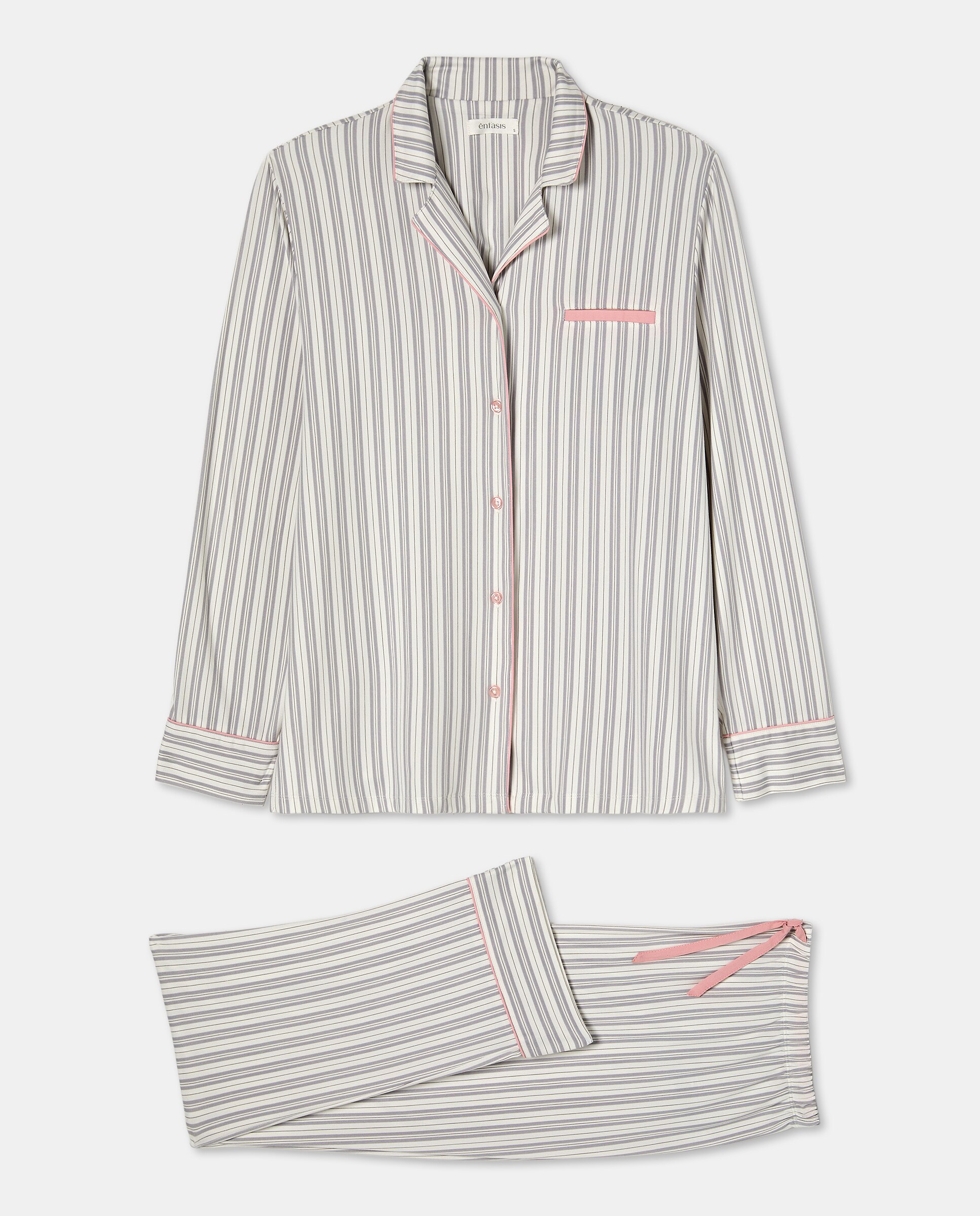 Pijama Camiseiro às Riscas Cinzento-claro-4